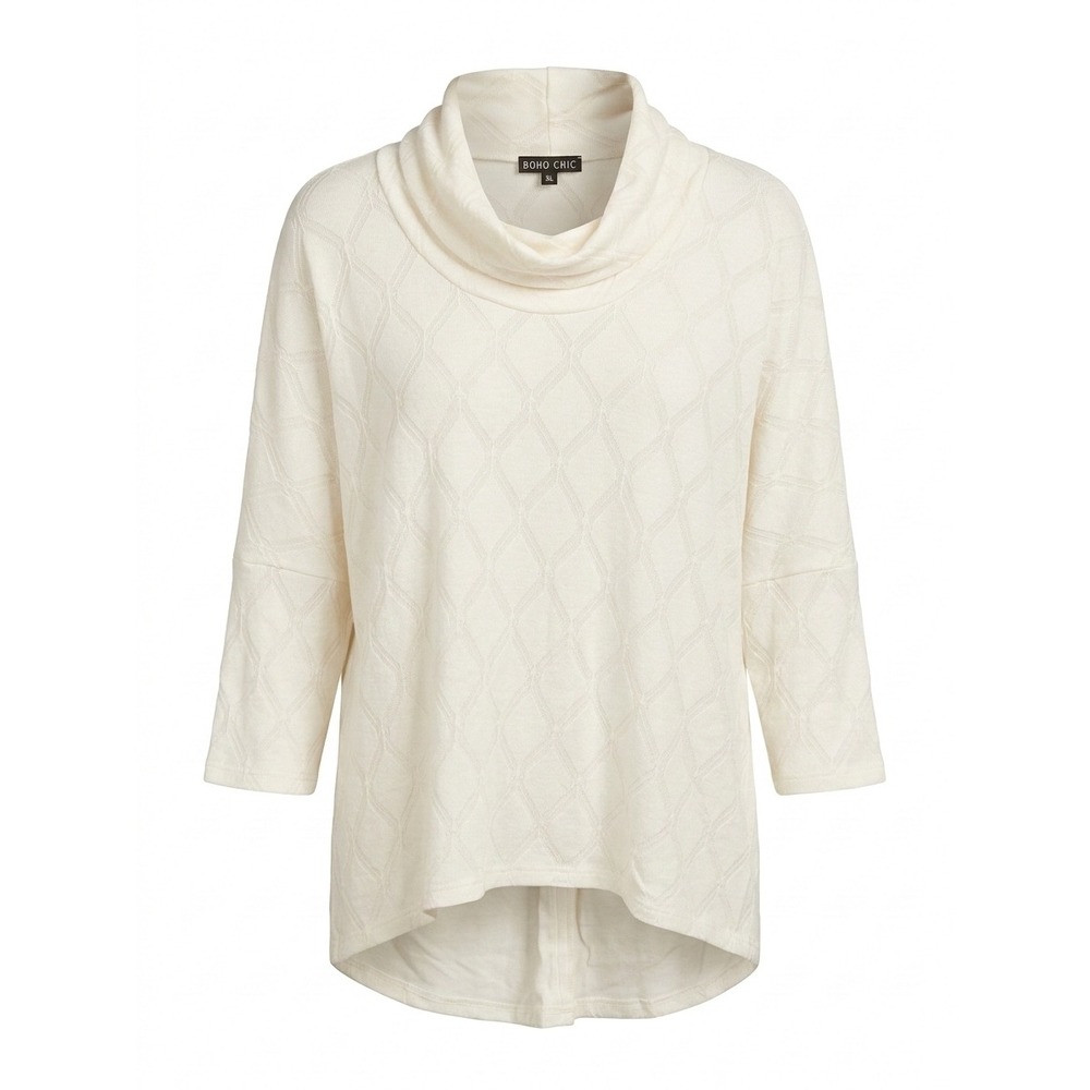 Boho Chic Ivory Diamond Textured Cowl Neck Tunic Shirt XL‎ Back Button Detail